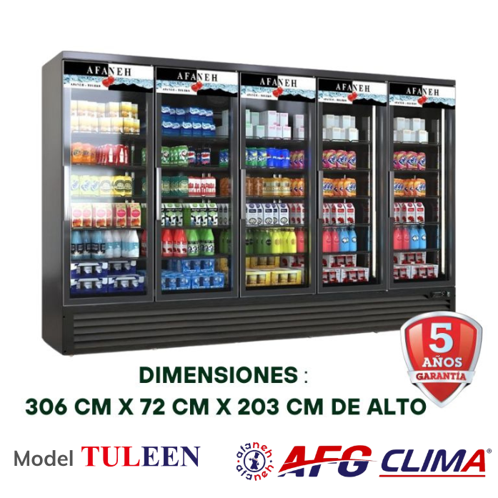 Refrigerador comercial de 5 puertas de vidrio para comercializador, refrigerador vertical con luz LED